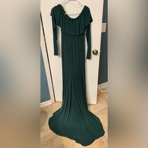 Maternity: Fitted floor length dress long sleeve off shoulder with ruffle